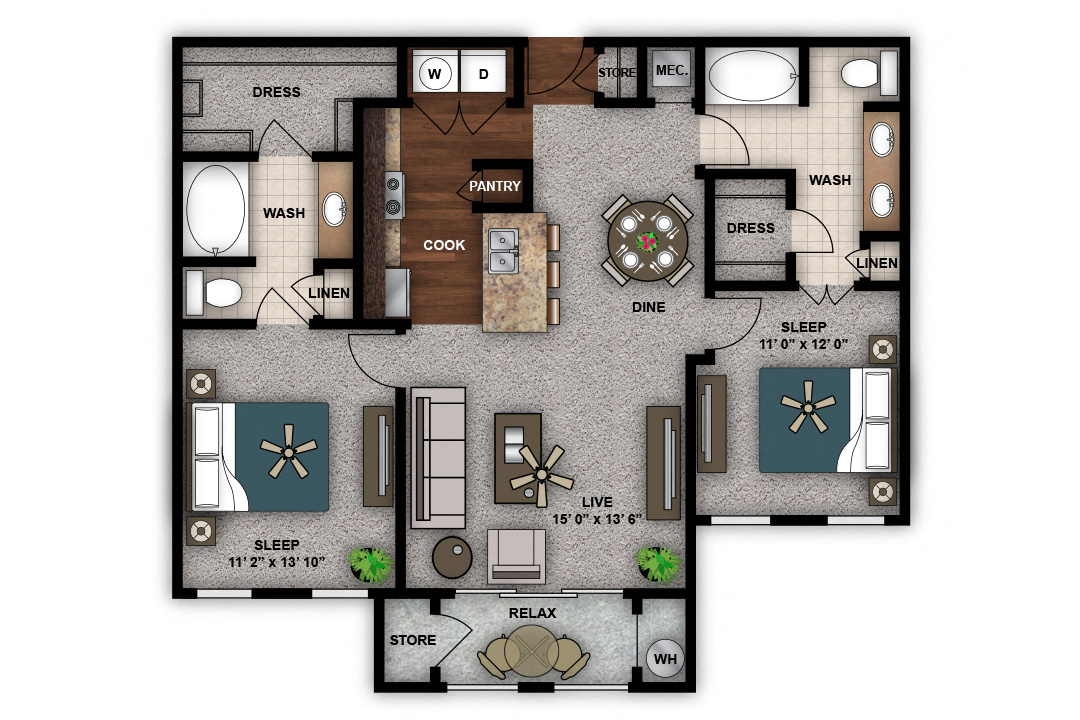 Floor plan for 2 beds, 2 baths, 1086 sqft